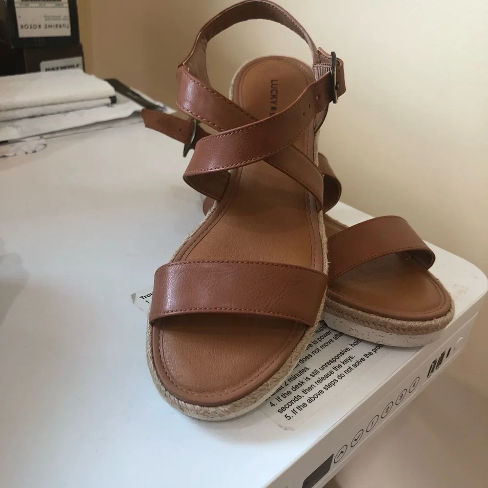 Lucky Brand Brown Espadrille Wedge Platform Sandals Leather Size 7